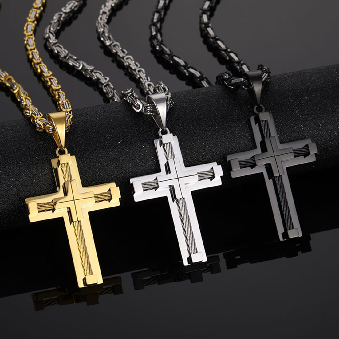 Hot MEN Chain Byzantine Black Gold Silver Stainless Steel Cross Pendant Necklace