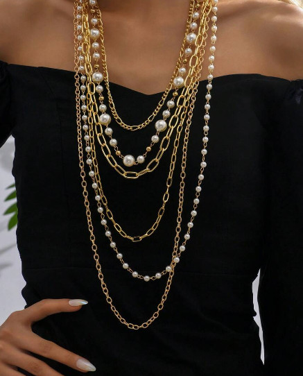 Long Big White Gold Pearl Multi Strand Layered Bead Chunky Jewelry Necklace Set
