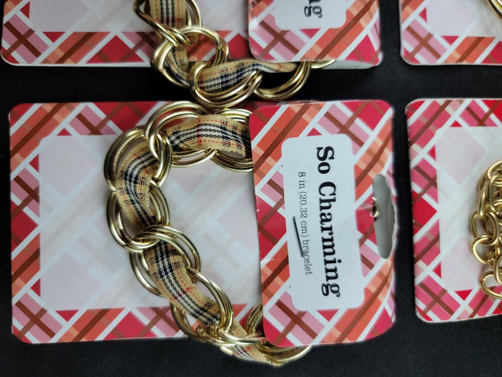 Vintage So Charming Bracelet Lot of 4 NOS Gold Tone Tartan Fabric Chain Loop