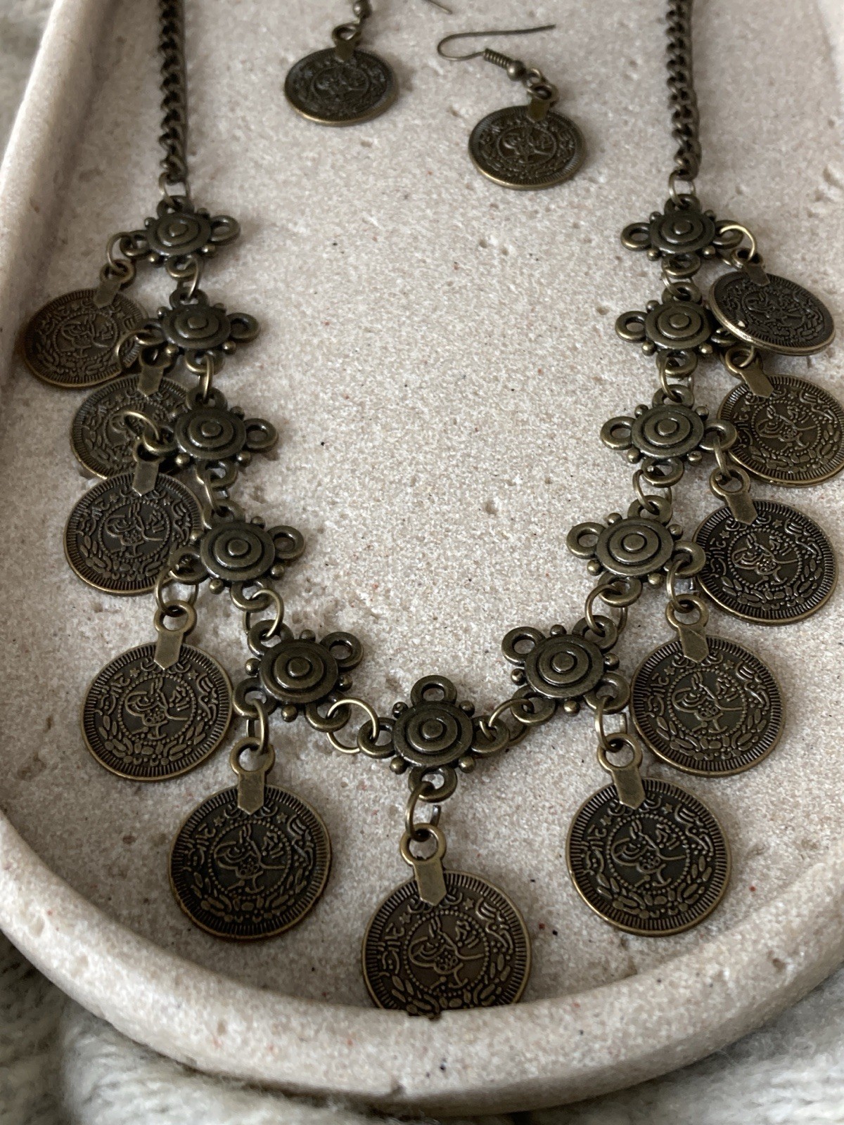 Bronze Tone Coin Necklace & Earrings Set Boho Tribal Statement Festival Charms