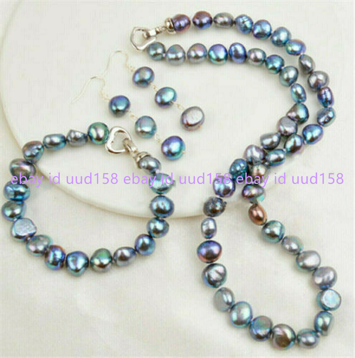 Natural 8-9mm Black Freshwater Baroque Pearl Necklace 18” Bracelet Earrings Set
