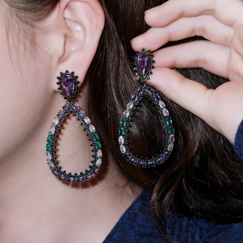 Unique Oval Shape Multicolor Cubic Zirconia Oversize Long Large Drop Earrings