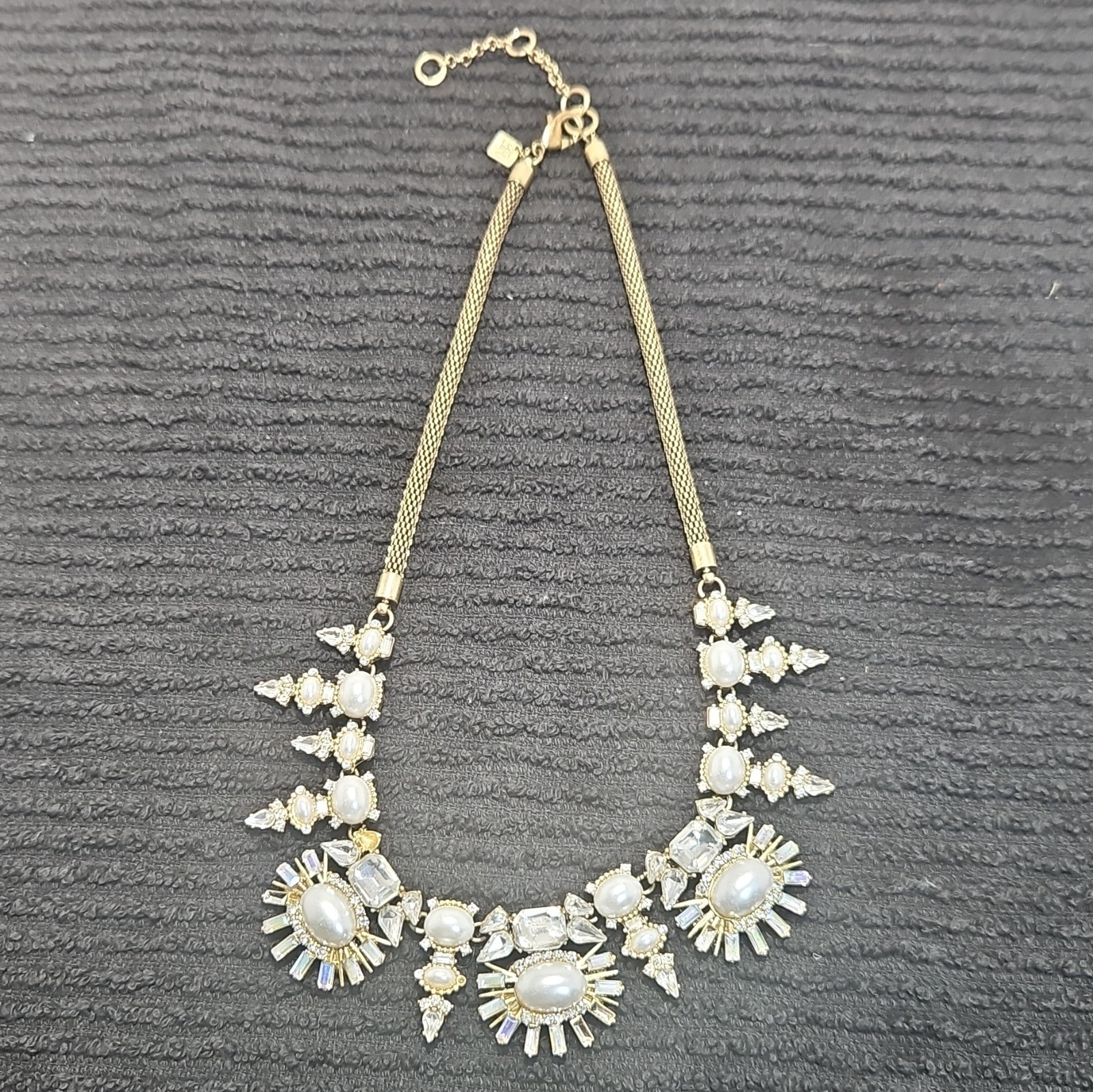 BaubleBar Gold Tone Mesh Chain Statement Necklace Faux Pearl Crystal Adj