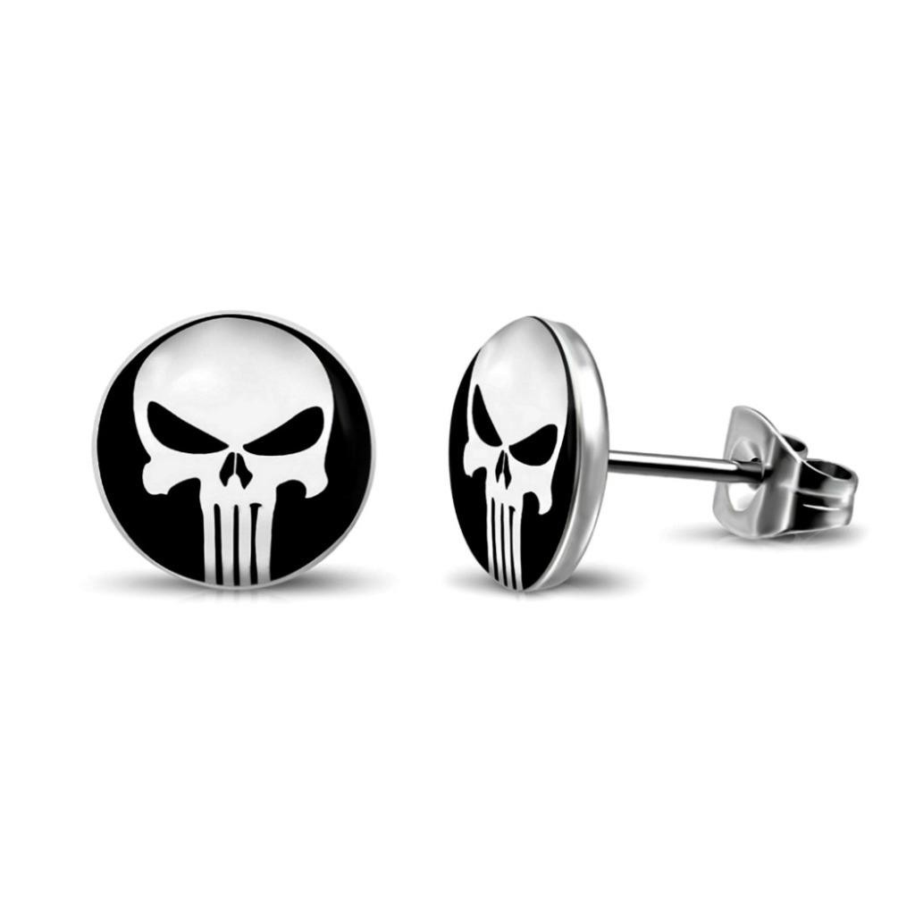 PUNISHER EARRINGS 10mm Round Stud Skull Stainless Steel Post Biker Superhero NEW
