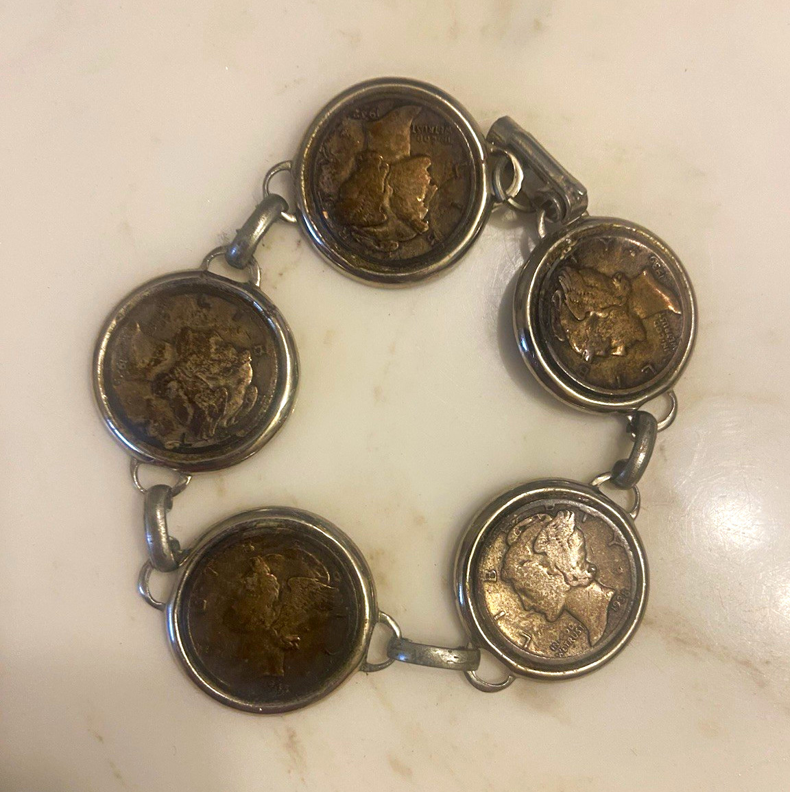 Vintage Mercury Dime 5 Coin Bracelet 90% Silver Encased In Brass 1926 to 1943