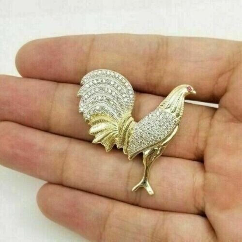 0.80 Ct Round Cut Moissanite Fancy Rooster Charm Pendant 14K Yellow Gold Plated