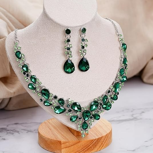 Collar y pendientes para novia, joya ideal para boda (esmeralda tono plateado)