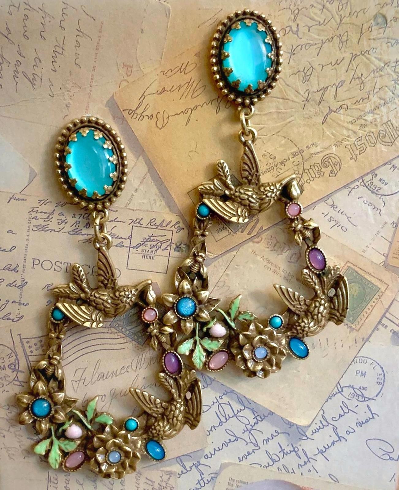 Hummingbird Flower Teardrop Dangle Earrings Teal Cabochon Statement Drop