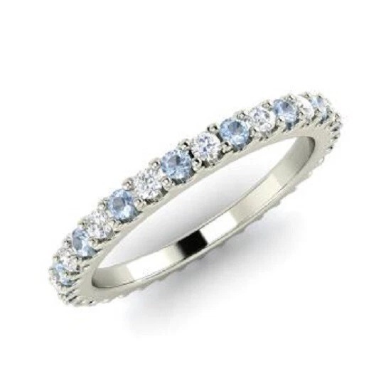 0.72 Ct Real Natural Aquamarine Diamond Anniversary Eternity Band 14K White Gold
