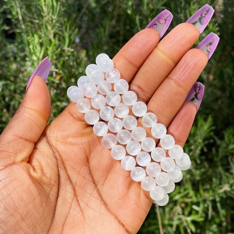 Handmade Natural Selenite Elastic Stretch Bracelet – 8mm Round Gemstone Bead