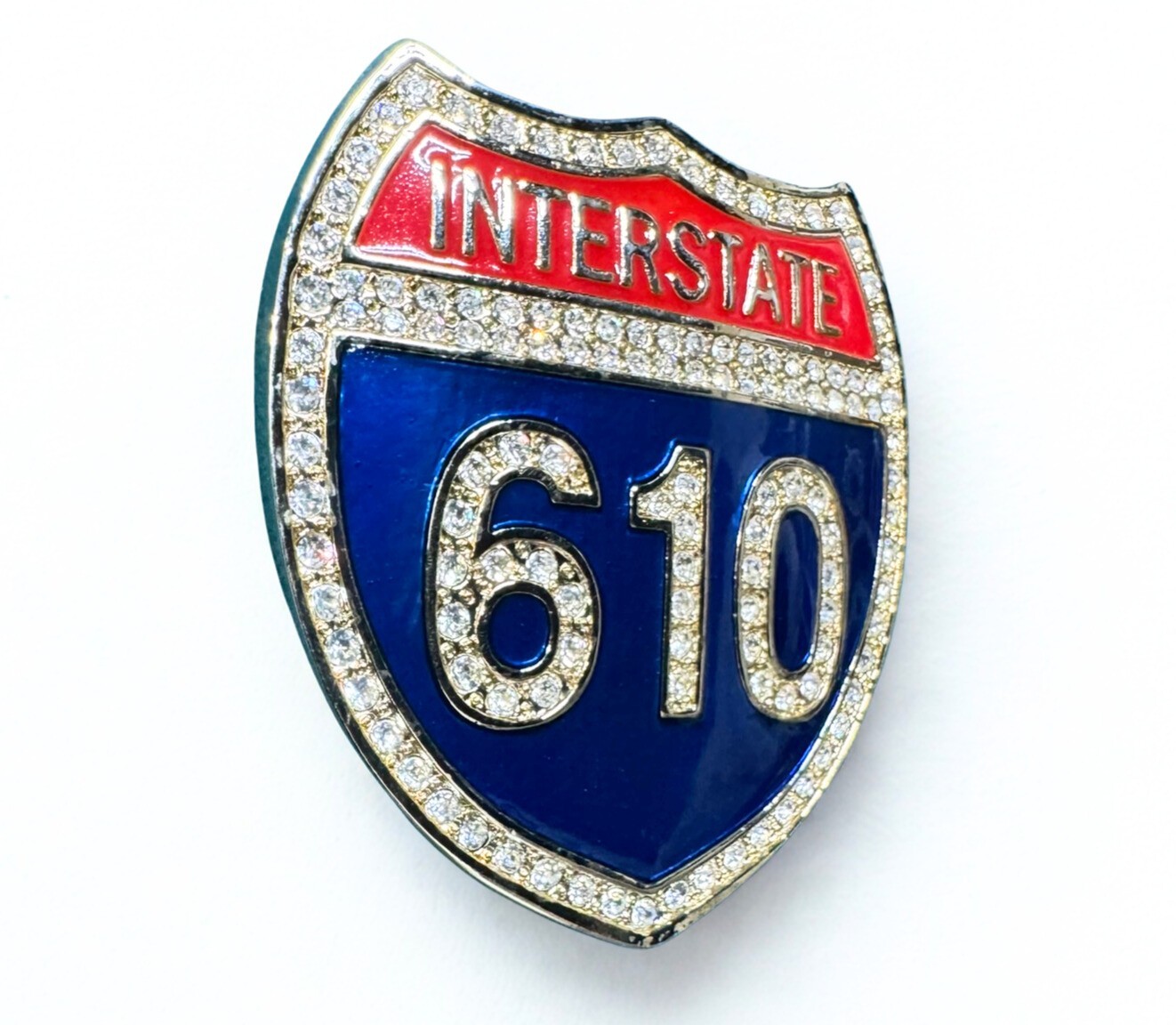 Interstate 610 Shield Belt Buckle – Gold Tone Iced Out Rhinestone Accessory