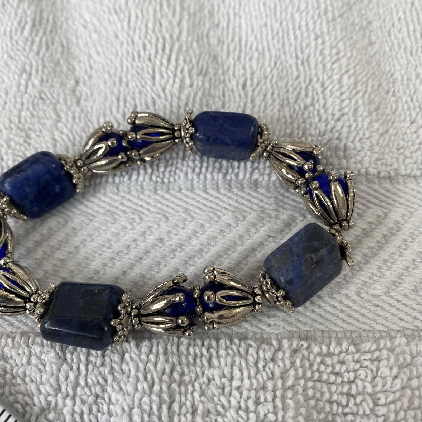 Blue Womens Bracelet Set Lot Of 3 Bangle Gemstone Porcelain Beads Boho 7.8 In