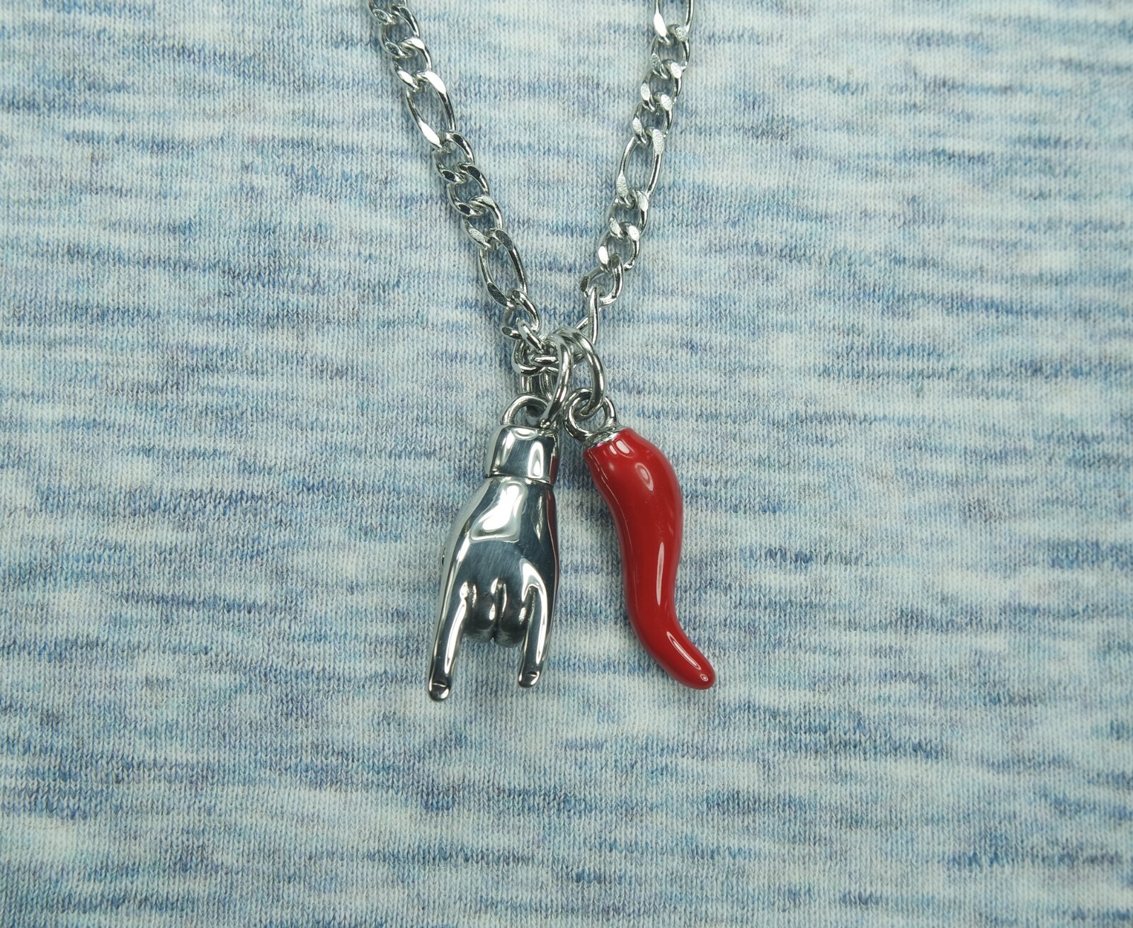 Large Red Cornicello & Mano Cornuto Necklace, Italian Hand Horn Protection Italy
