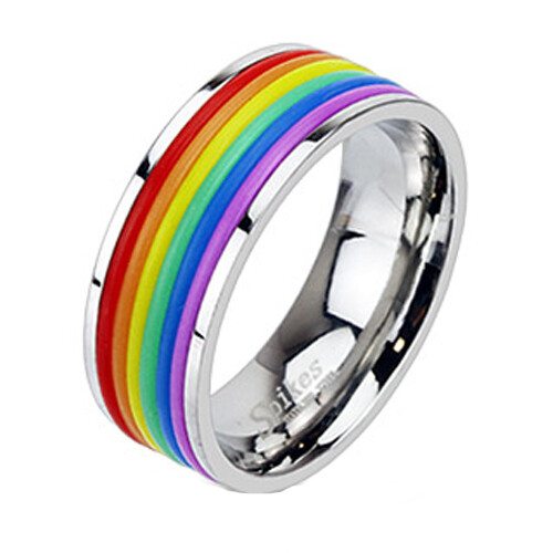 Stainless Steel Men’s Ring Rubber Gay Pride Rainbow Wedding Band Size 7-12