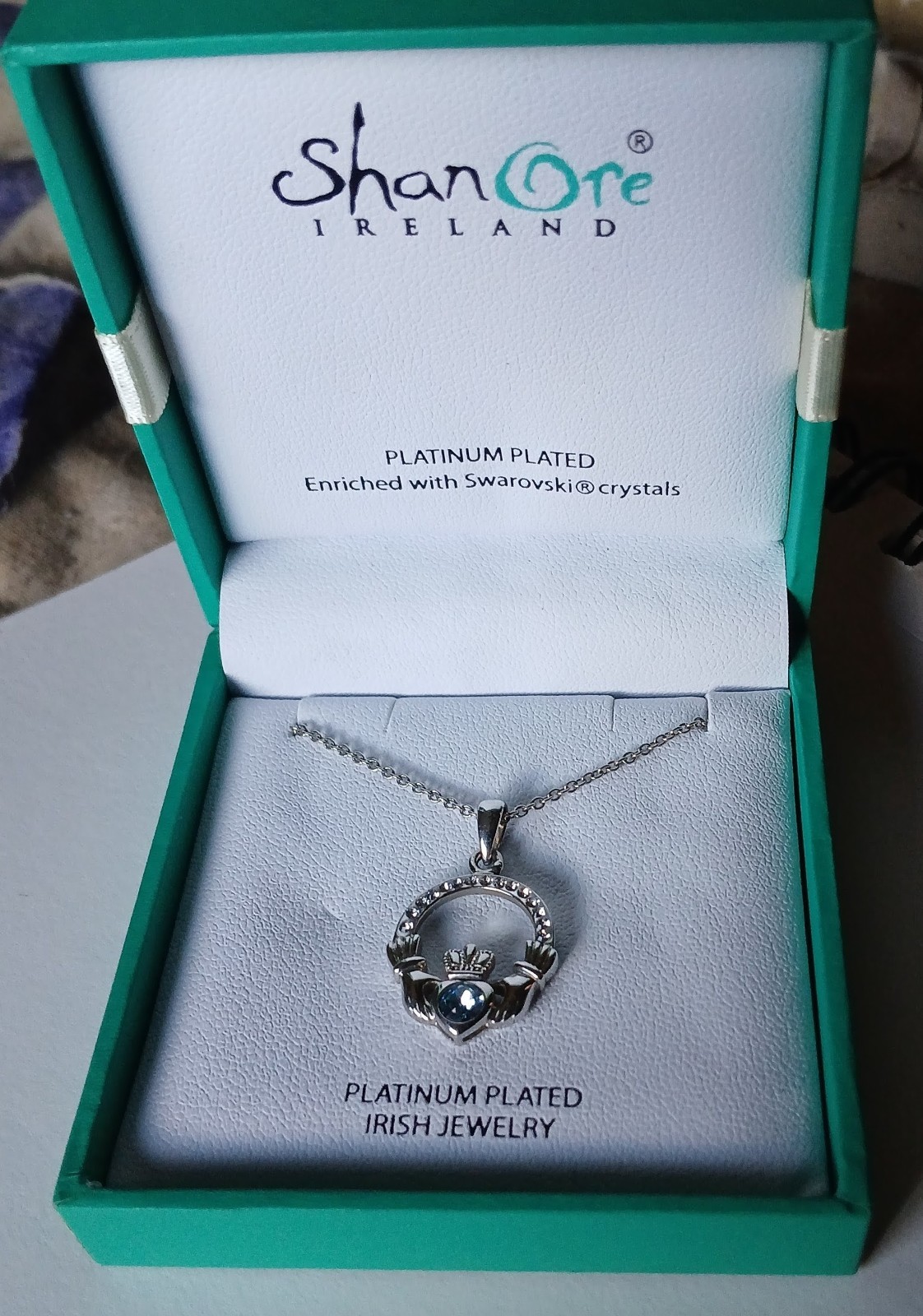 Shanore Irish Claddagh Pendant Swarovski Crystal Platinum Plated
