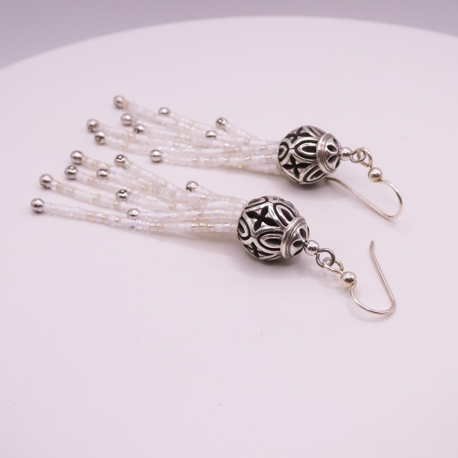 Brighton Boho Roots White Beaded Tassle 3.3″ Womens French Wire Pierced Earrings