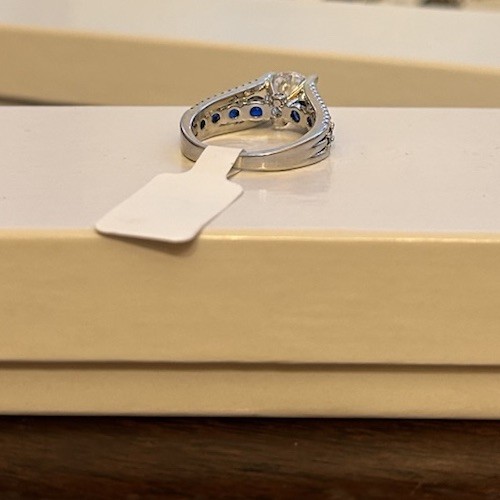Size 7 Diamond CZ Solitaire In Silver Tone Sapphire Band No Mark