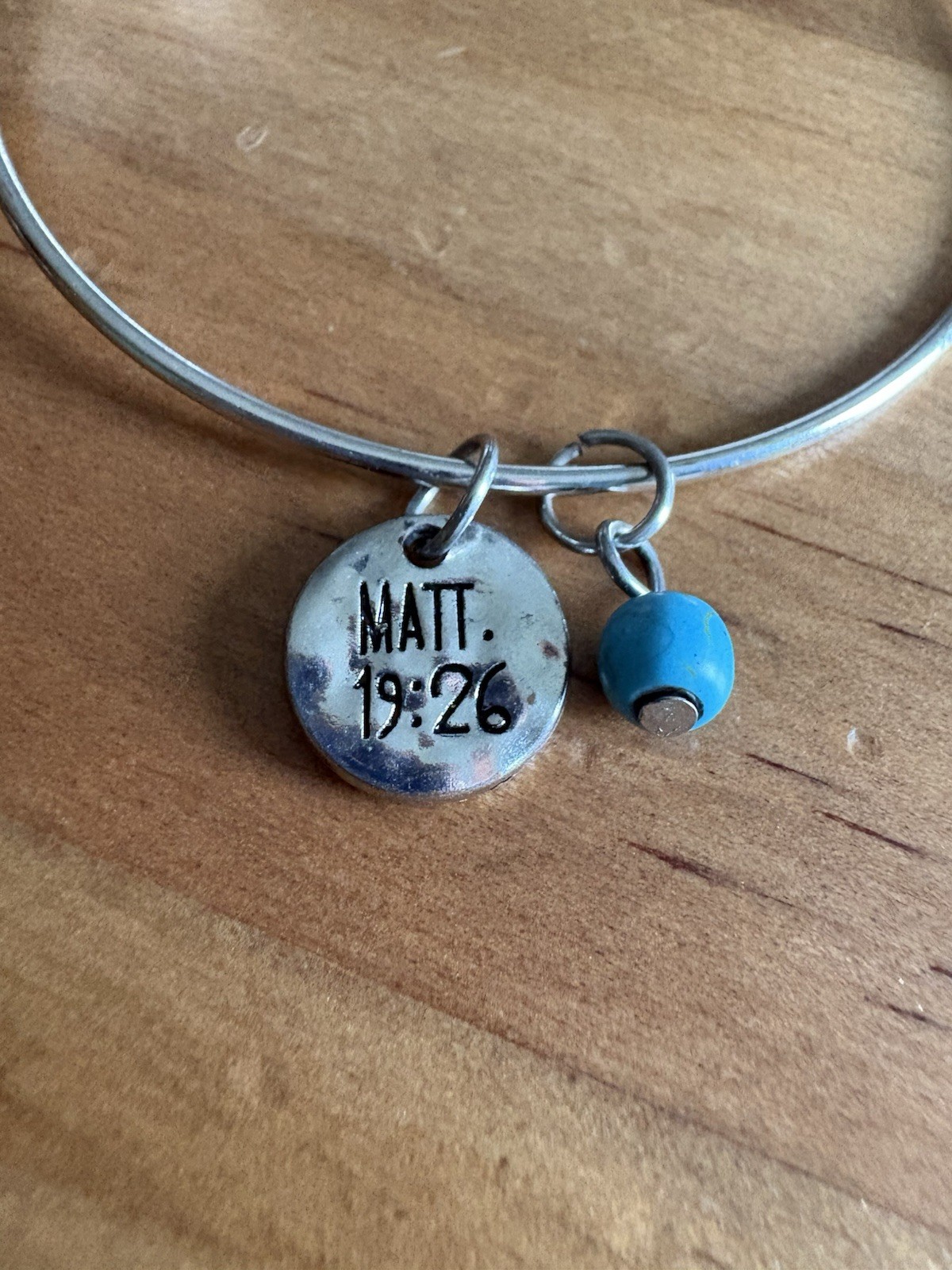 Wire Bangle Charm Bracelet Silver w/ Matt. 19:26 Disc, Arrow Dangle, Blue Bead