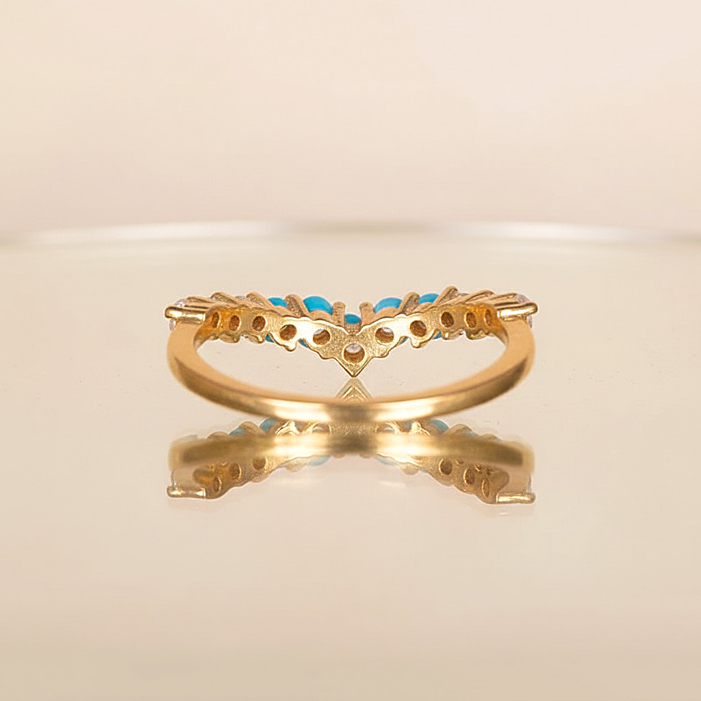 Genuine Turquoise & CZ Stacking Engagement Ring, 925 Silver Yellow Plated Ring