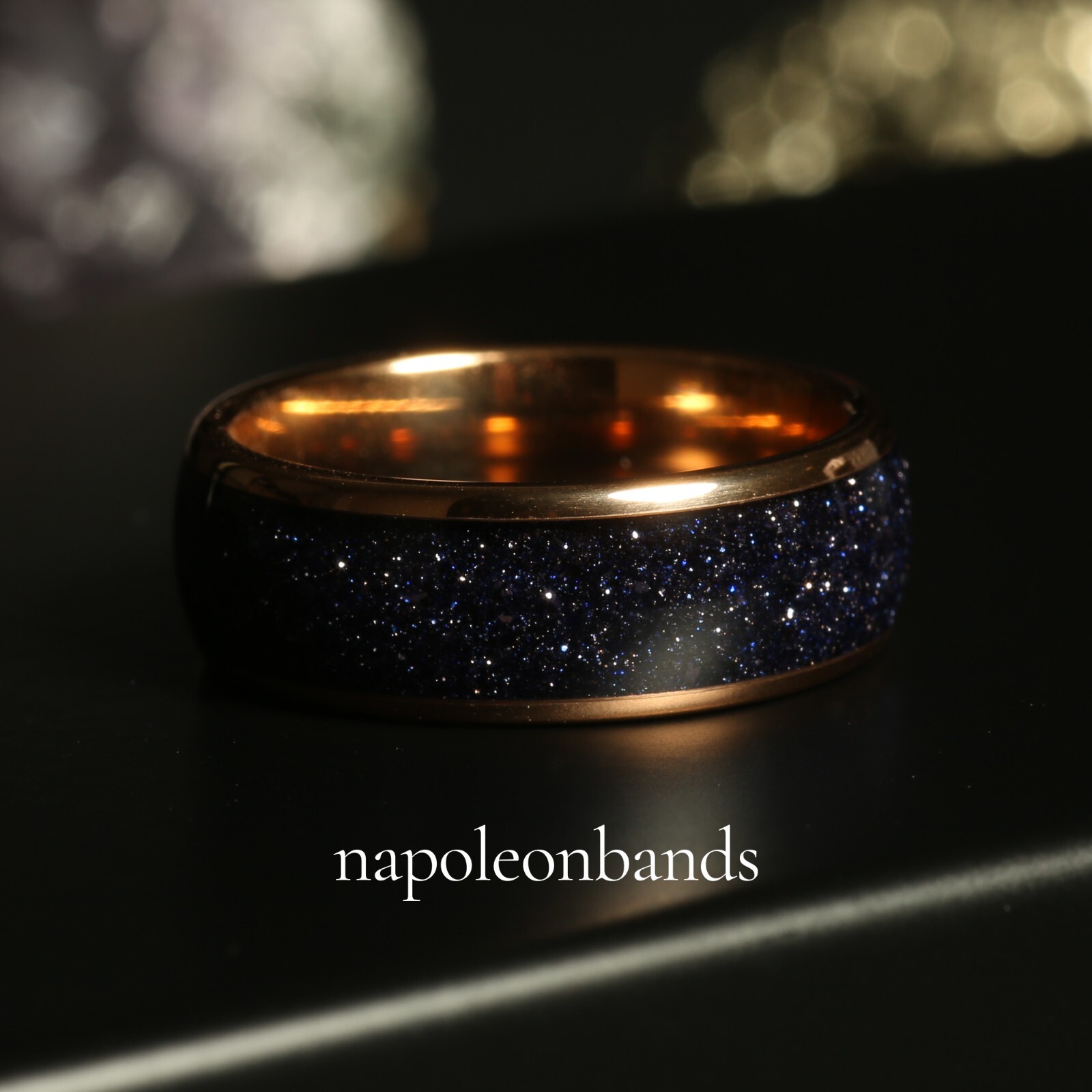 Sandstone Nebula Galaxy Ring Set, Rose 8mm & 4mm Gold Wedding Band, Comfort Fit