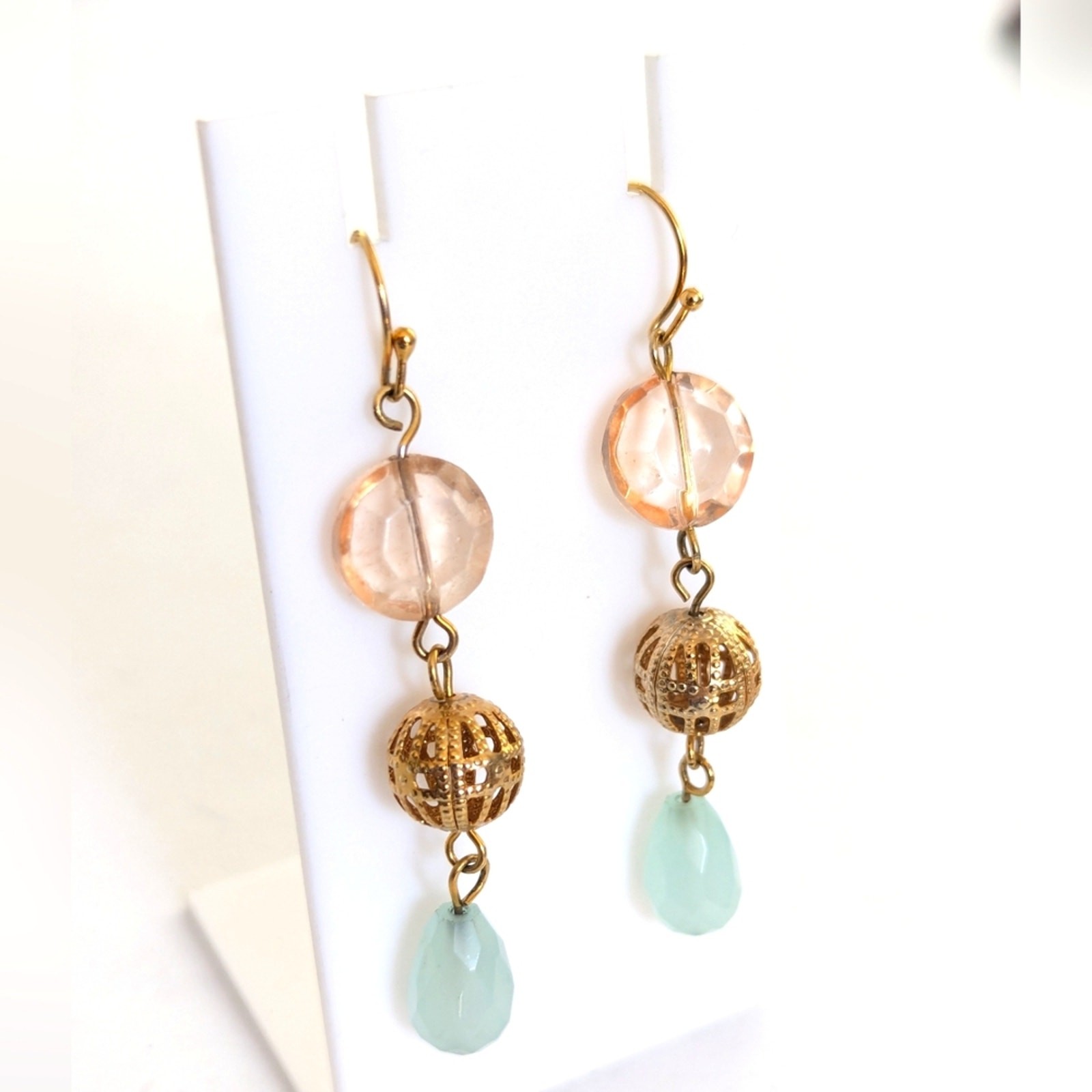Beachy Boho Gold Tone Beaded Faceted Glass Dangle Drop Hook Earrings