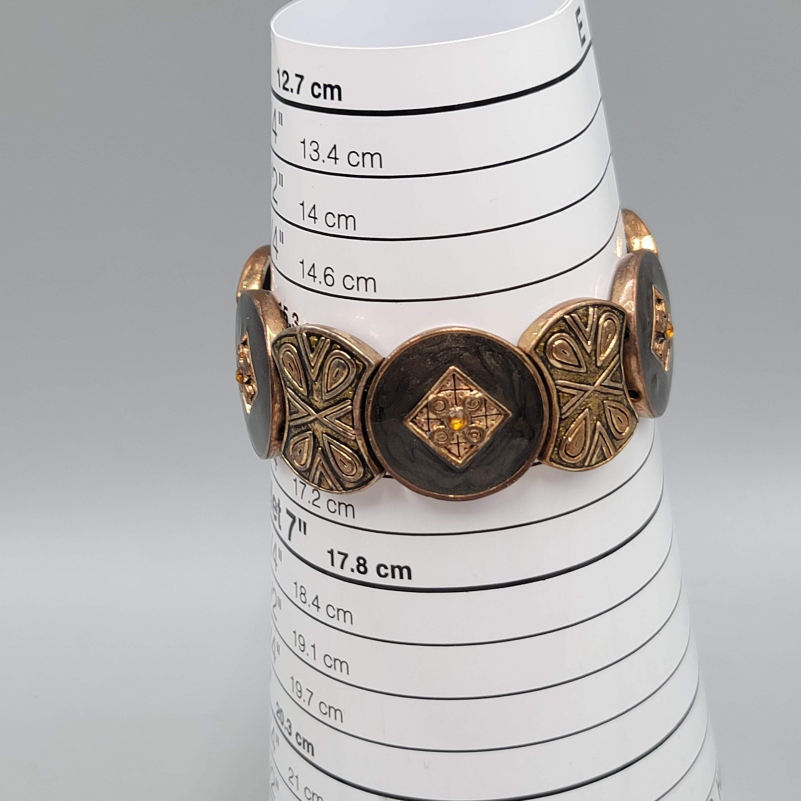 Enamel Medallion Bracelet Bronze tone Elastic 6.25″