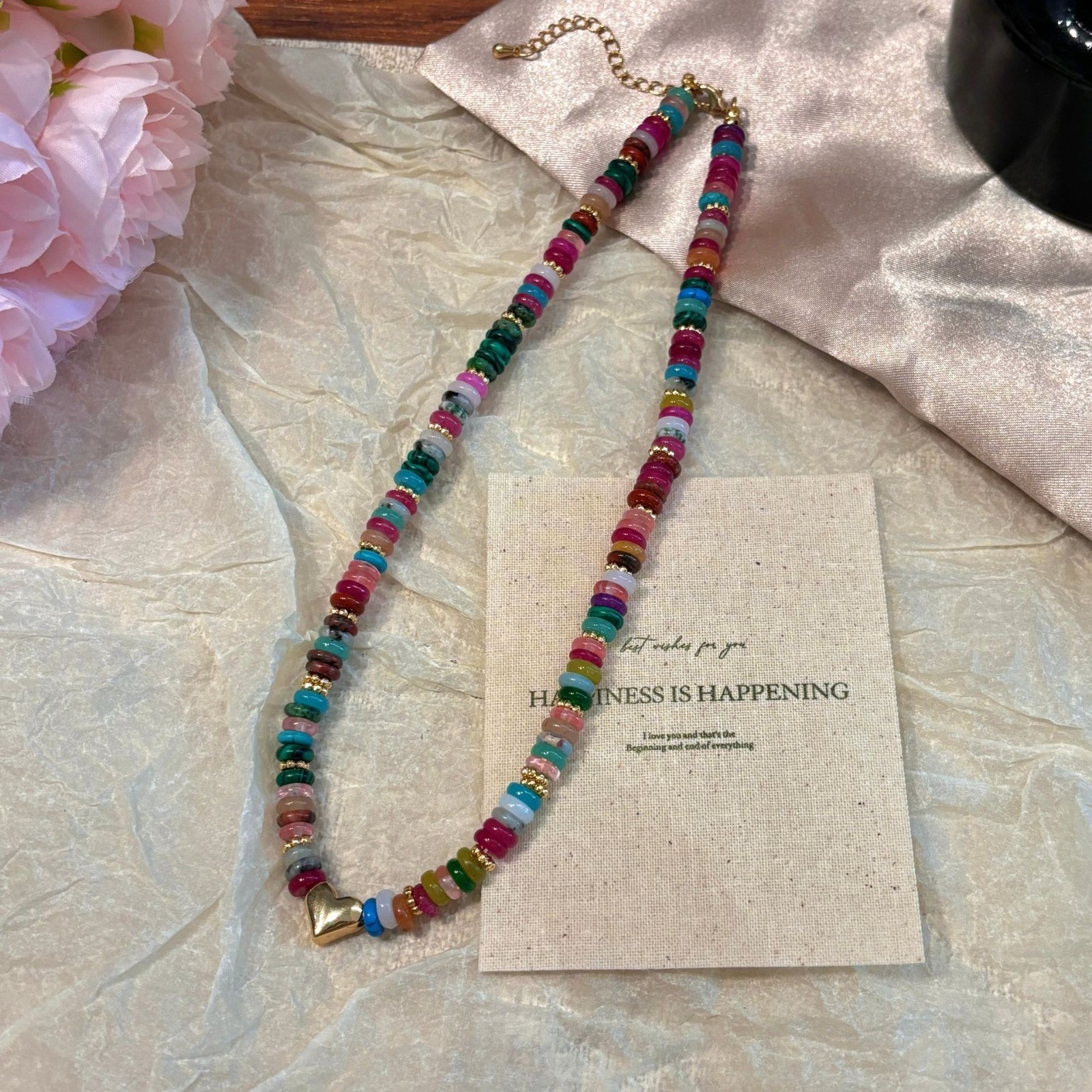 Rainbow Dopamine Natural Stone Necklace, Luxury Heart Pendant Choker Sweater Cha