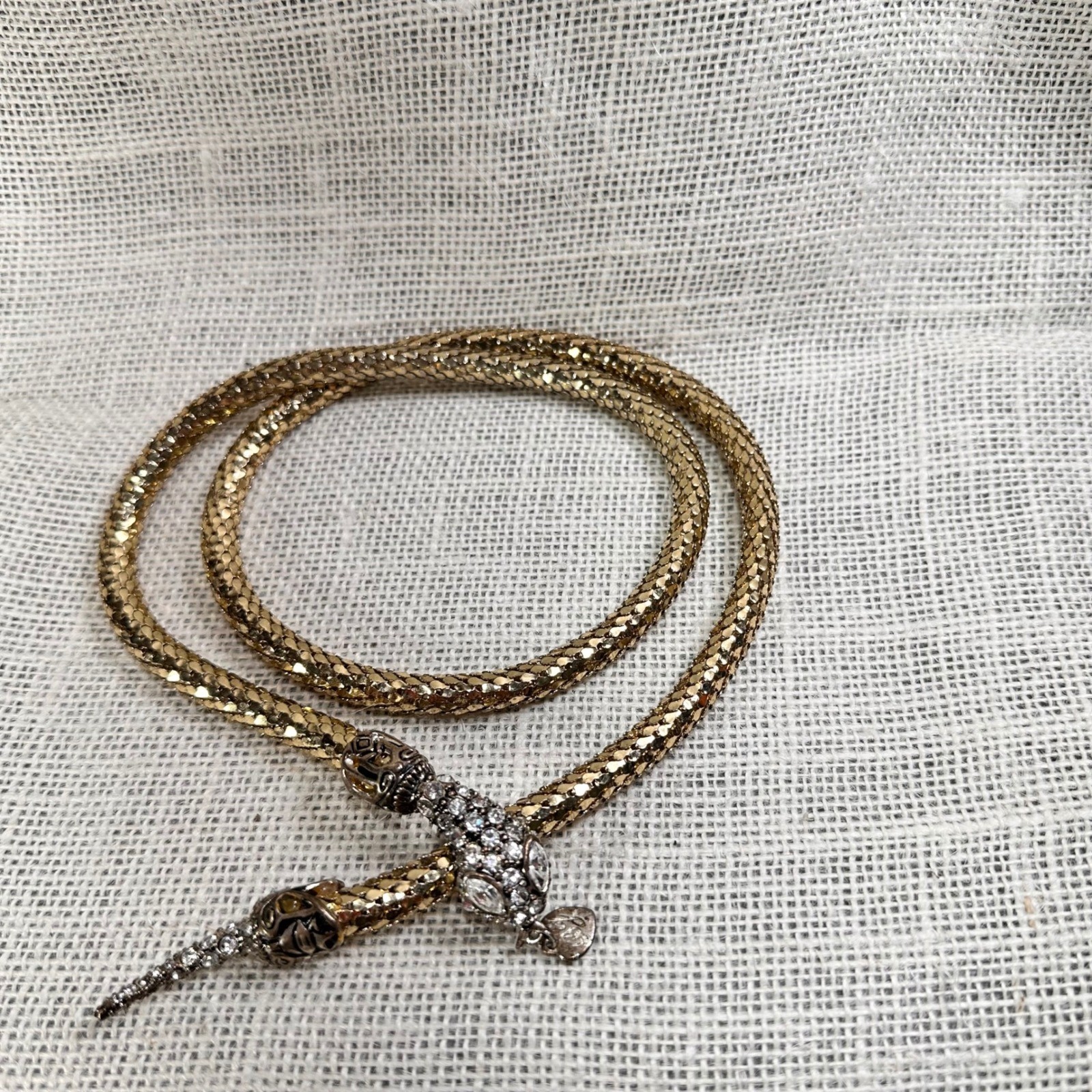 Betsey Johnson Crystal Snake Wrap Necklace Gold Tone 35″ Statement Heart