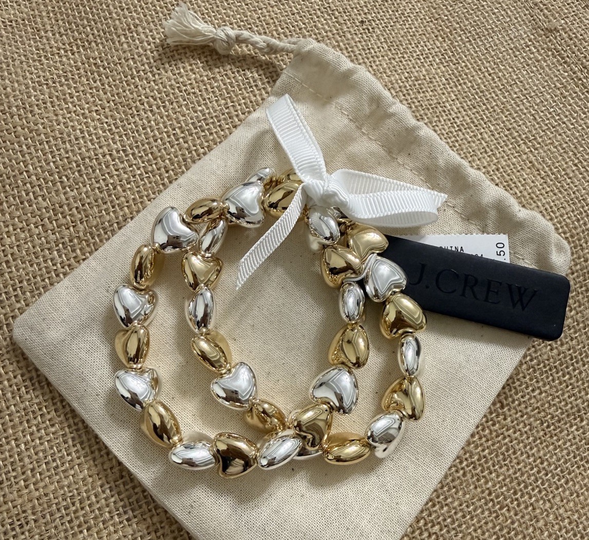 J. Crew Gold and Silver Heart Stretch Bracelet Duo Mixed Metal Hearts New