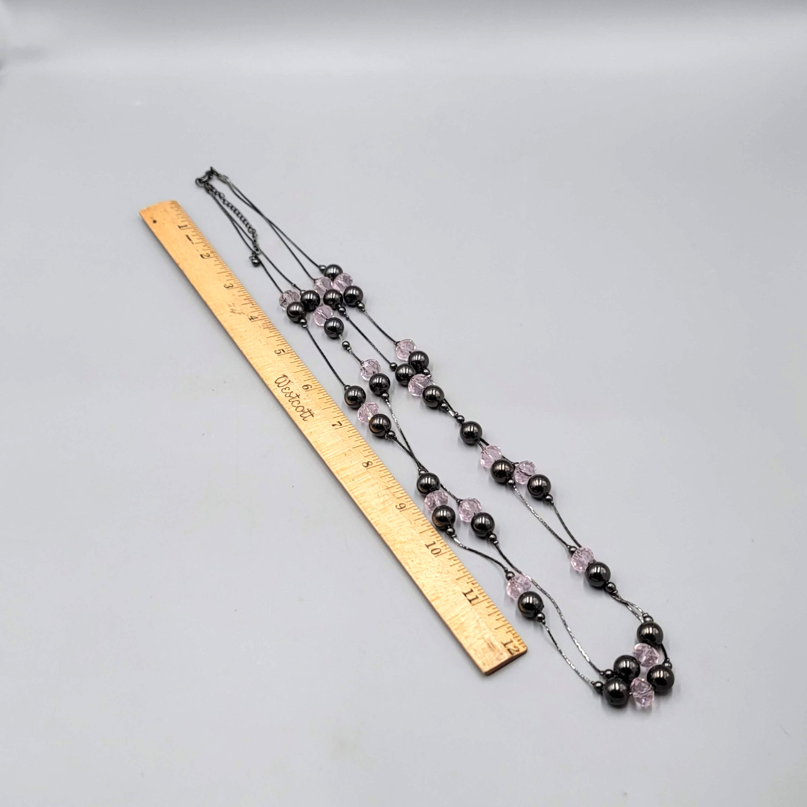 Double Black Chain Necklace Pink Glass Station Bead Long 28-30 in