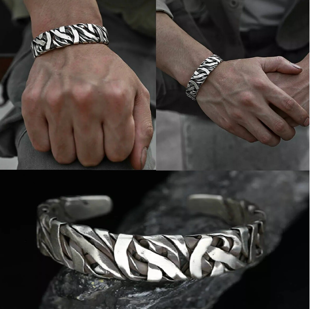 Men’s Retro Twisted Open Wide Bracelet Sterling Silver Bangle Jewelry Gift USA
