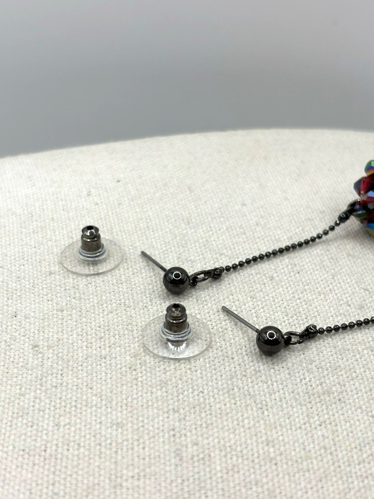 Cookie Lee Red Aurora Borealis Glass Bead Ball Drop Gunmetal Tone Earrings NWT