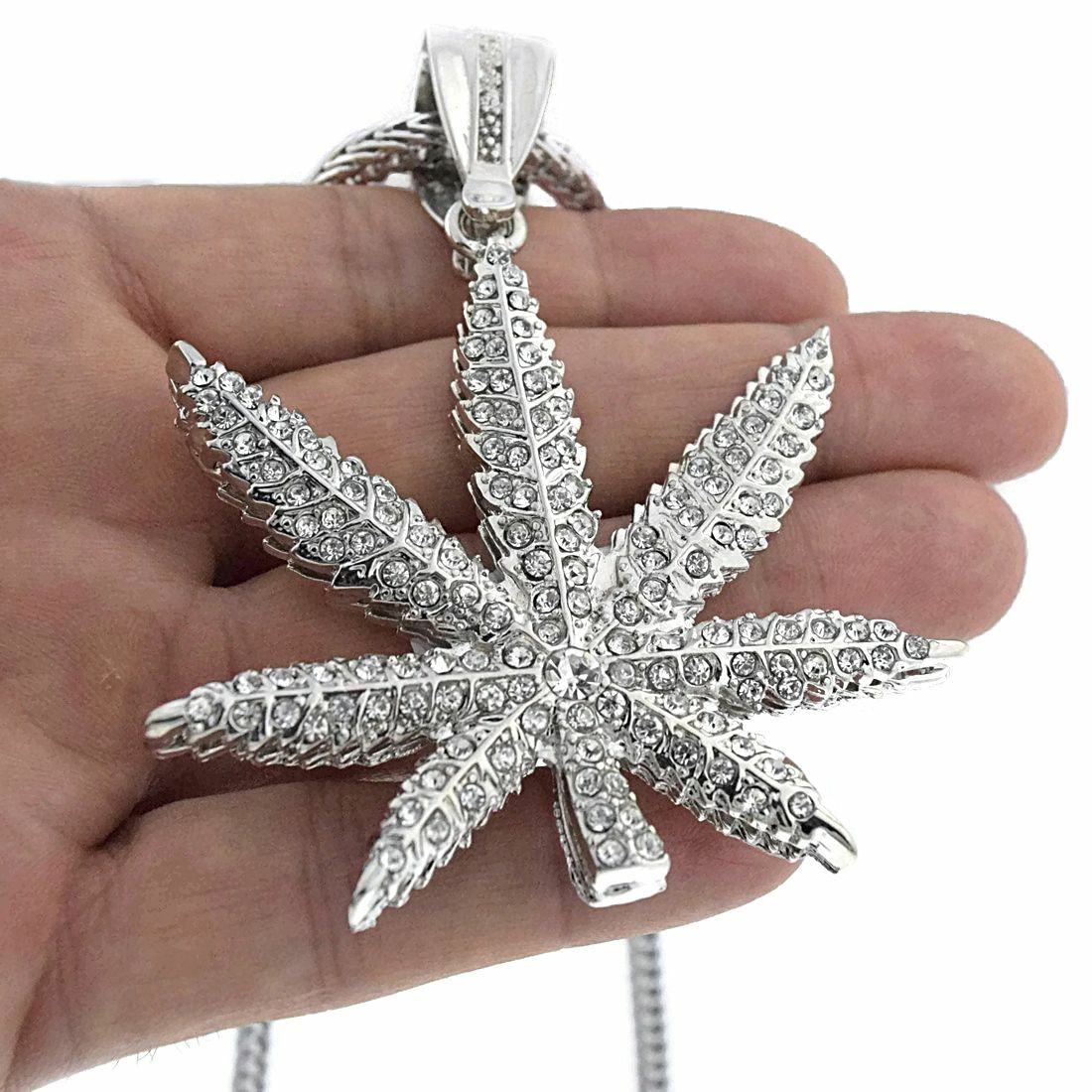 Marijuana Leaf Hip Hop Chain Weed Kush Pendant Charm Silver Tone 36″ Inch Franco