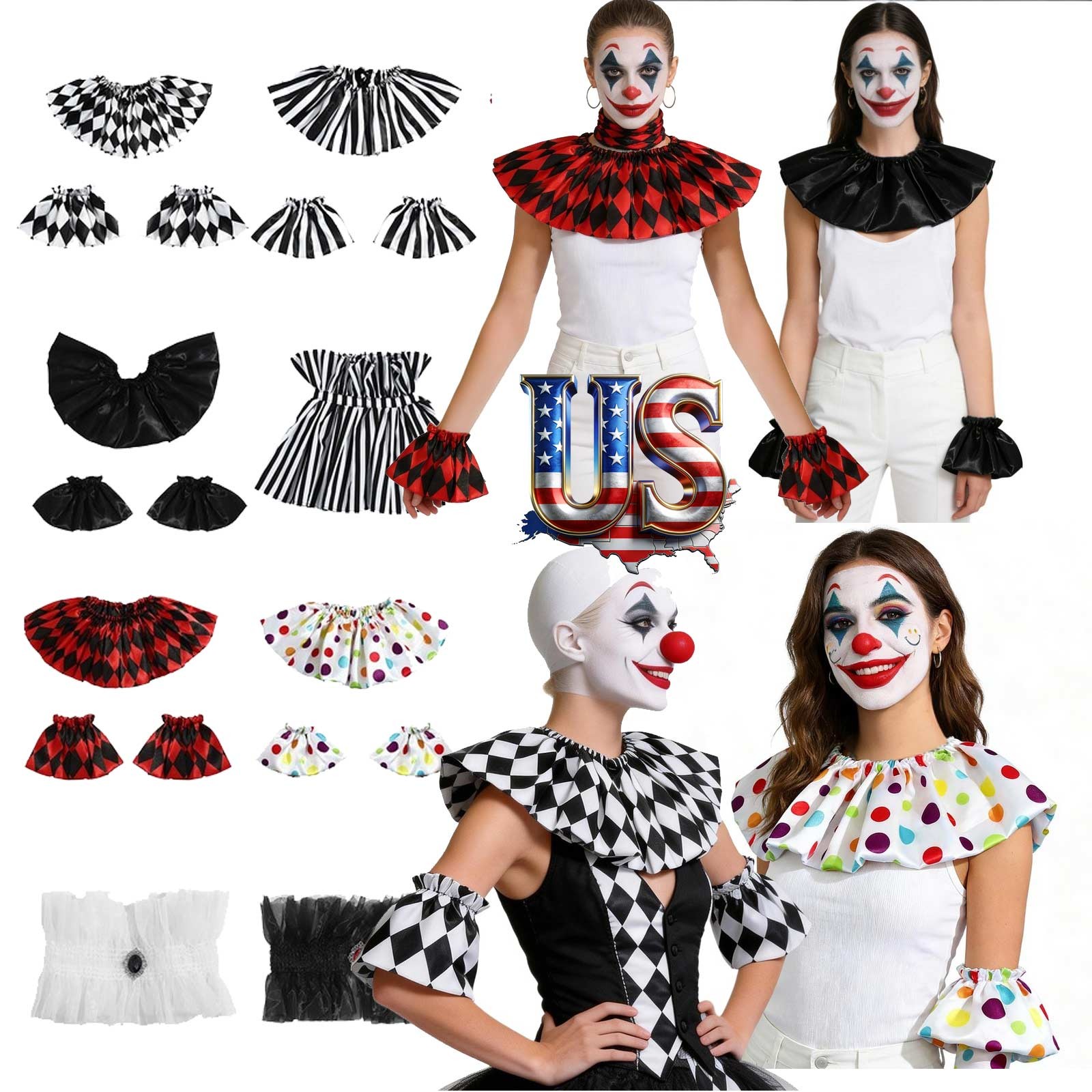 Women Lace Neck Ruffle Collar And Wrist Cuff Sleeves Clown Halloween Accessories