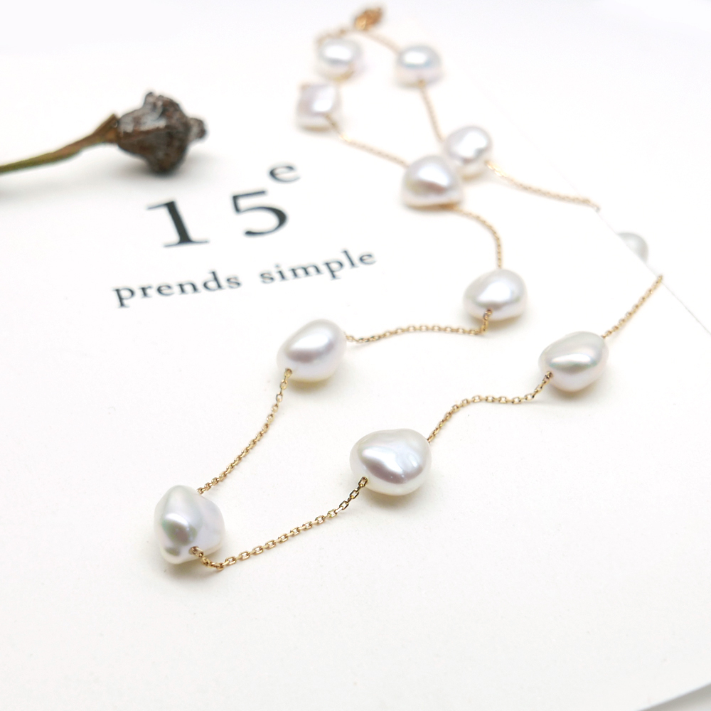 8-9mm White Natural Freshwater Keshi Pearl Necklace 14k Yellow Gold Chain 16.0″