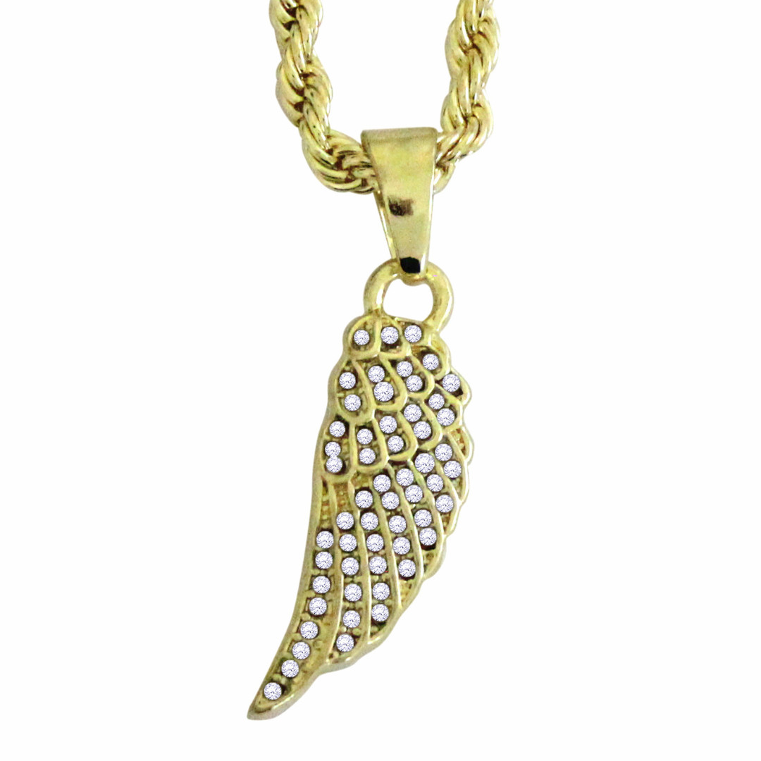 Iced CZ Angel Wing Piece Pendant 14k Gold Plated 24″ Rope Chain Hip Hop Necklace