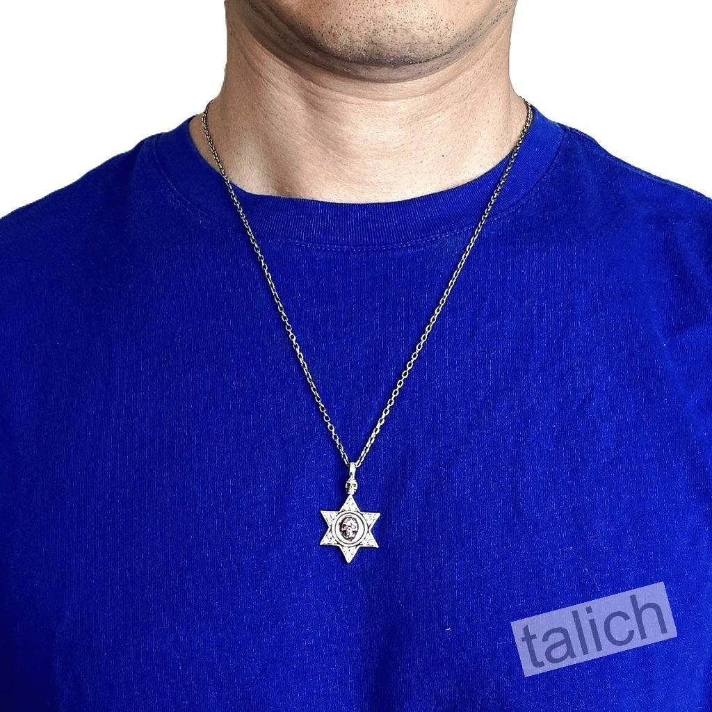 Shiny 925 Sterling Silver Six Pointed Star with Pink CZ Eye Skull Amulet Pendant
