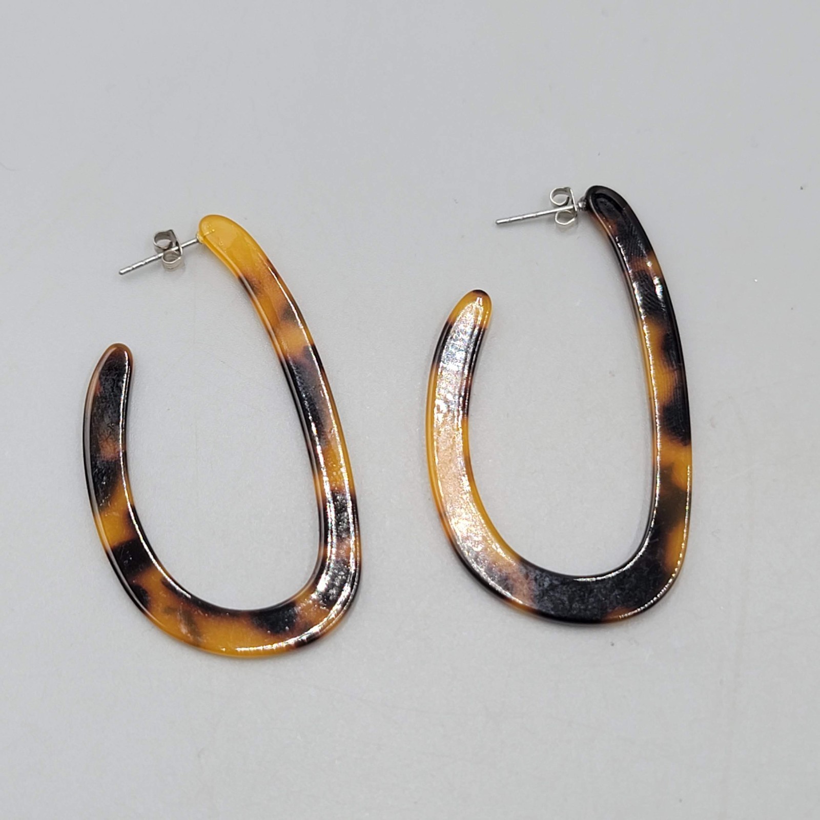 Acrylic Faux Tortoise Shell Hoops Pierced Earrings Oval Long 2 1/8 in