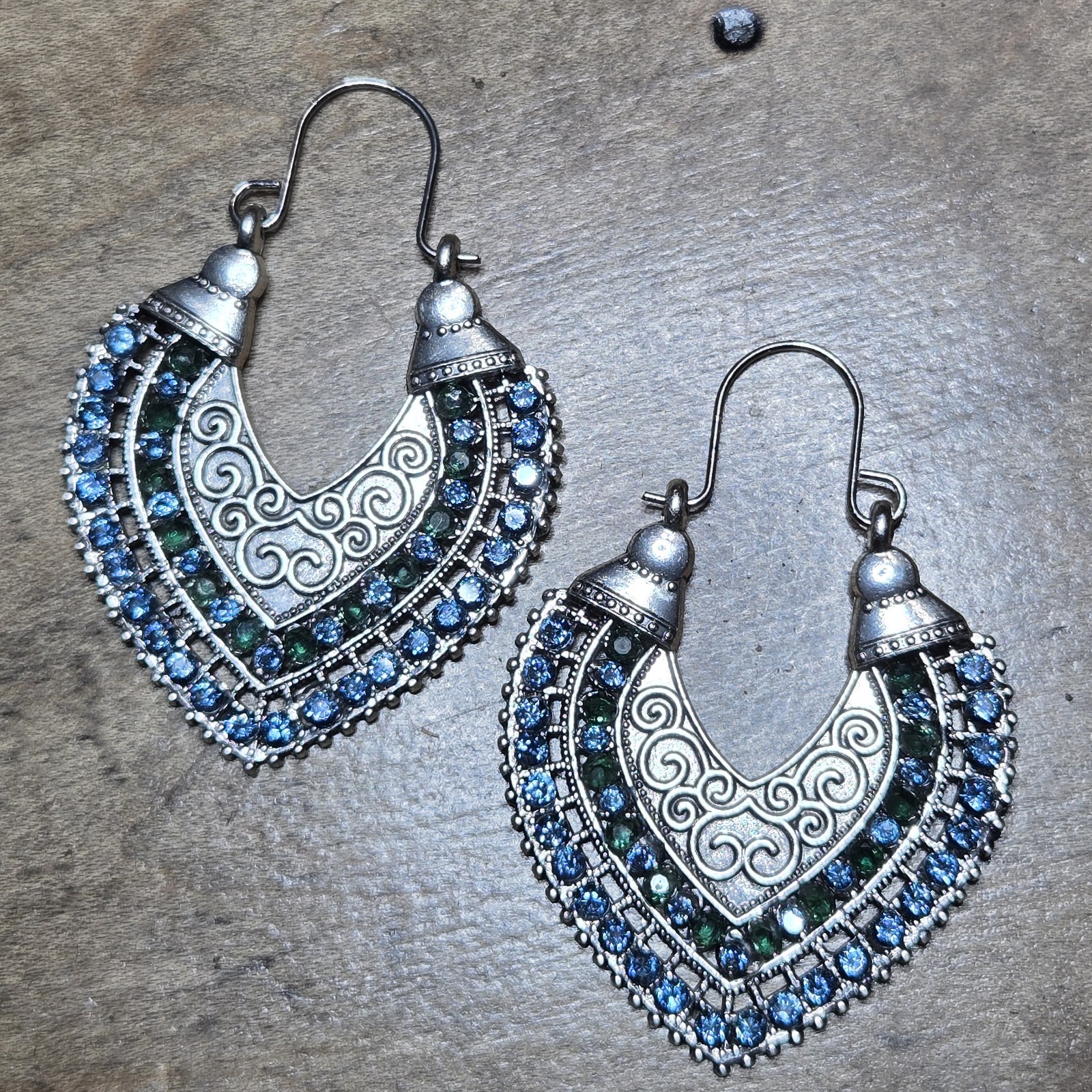 Silver Tone Crescent Scroll Dangle Hook Earrings Blue Green Round Cubic Zirconia