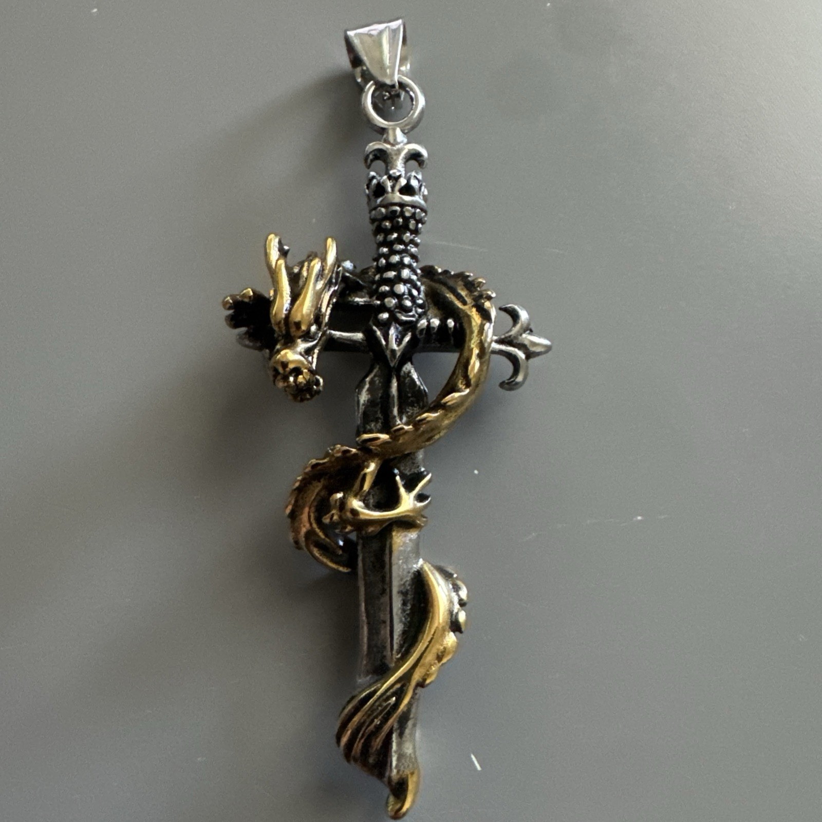 Dagger Sword Dragon Pendant 24” Chain Stainless Steel Viking Gothic Gift Vintage
