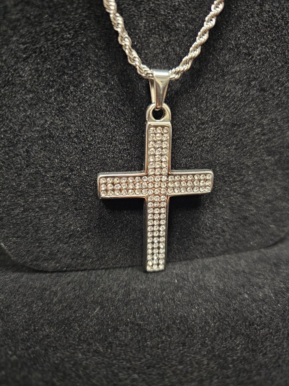 Silver Tone Religious Cross Pendant Necklace Rope Chain Pavé Clear Crystals