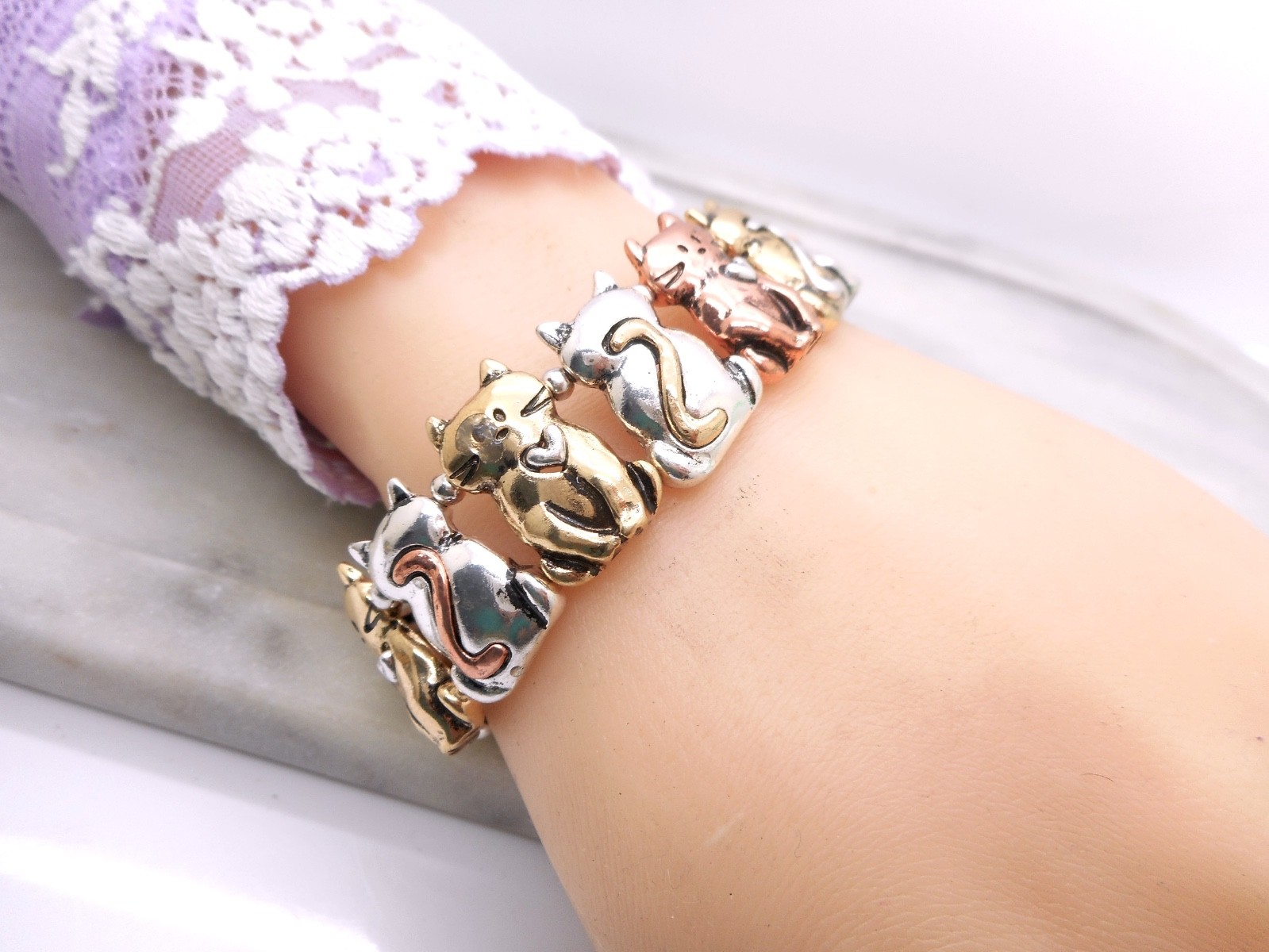 Cat Kitty Charm Bracelet Silver Plated Quality Stretch NEW 3 Tone
