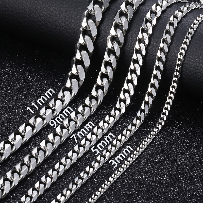 16-36″ Stainless Steel Silver Chain Cuban Curb Womens Mens Necklace 3/5/7/9/11mm