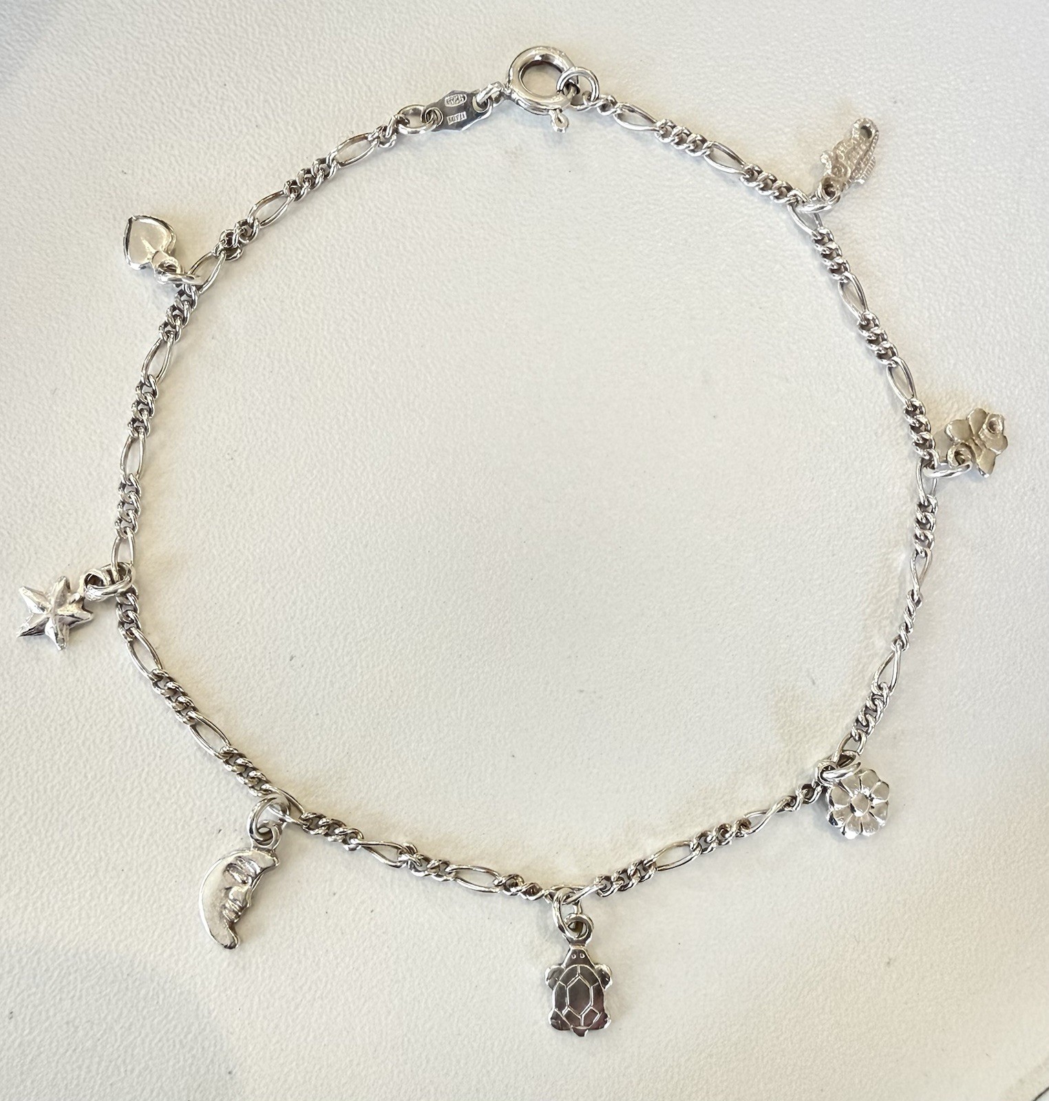 Sterling Silver 925 Figaro Chain Ankle Bracelet with Multiple Charms: ❤️⭐️🌙 ETC