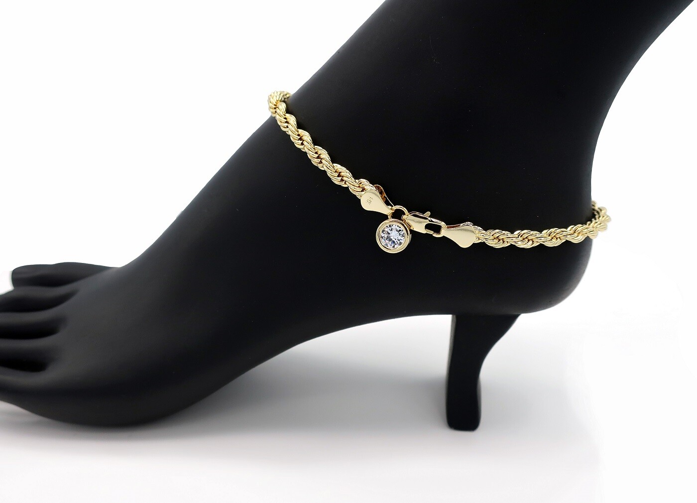 5mm TWIST ROPE CHAIN CUBIC ZIRCONIA ANKLET ANKLE BRACELET 14K ITALY GOLD PLATED