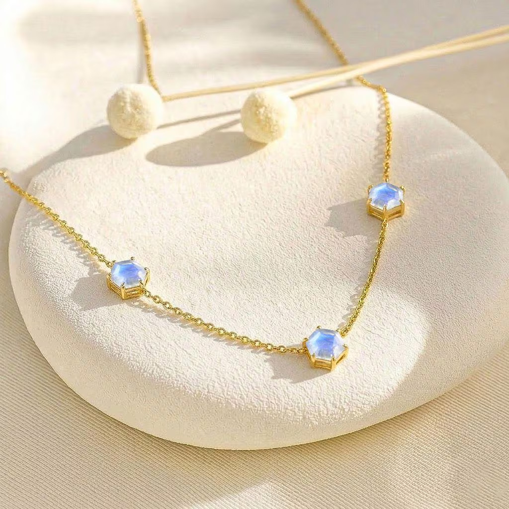 Moonstone Station Necklace, Natural Moonstone Hexagon Necklace in Silver