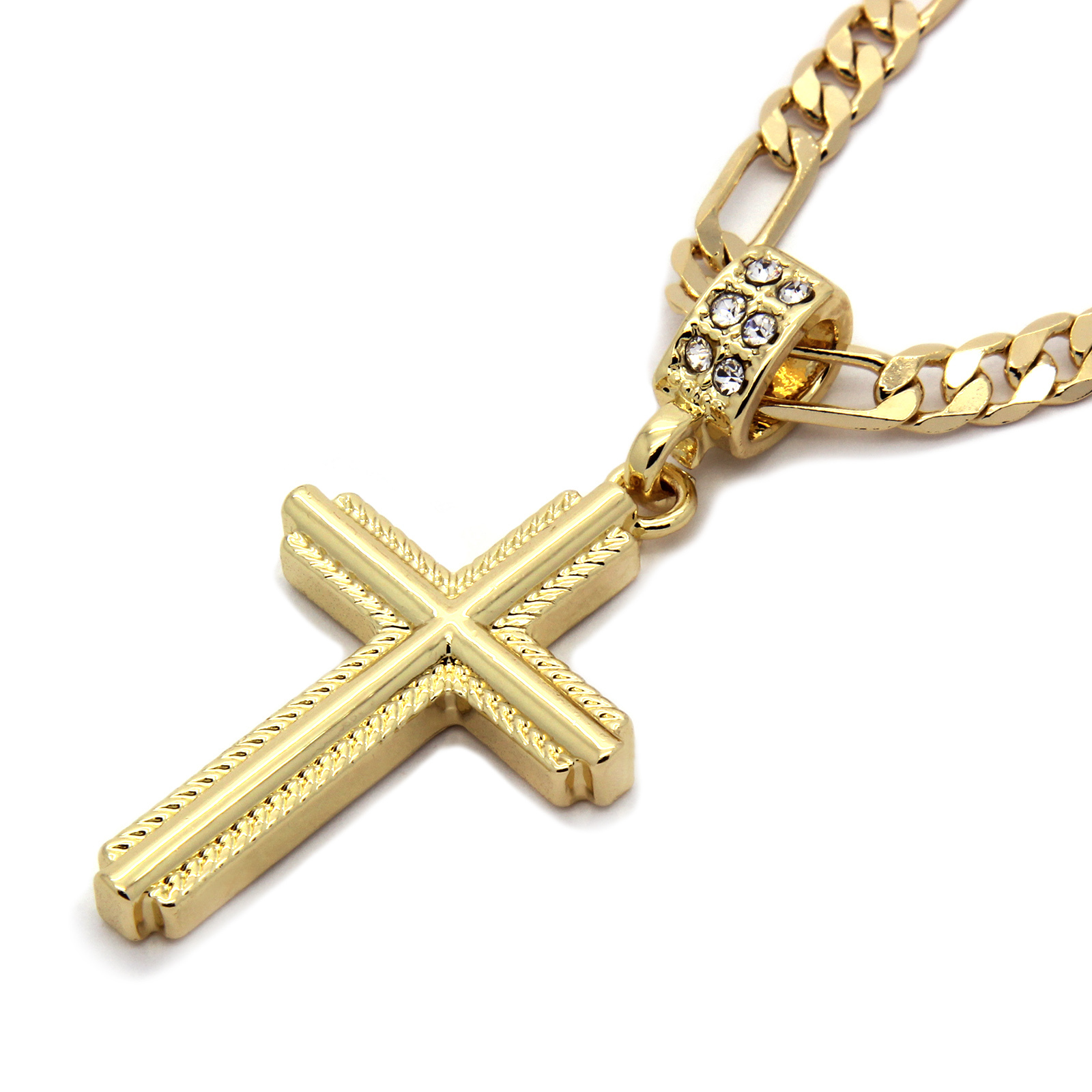 14k Gold Plated Braided Cross Pendant 24″ Figaro Necklace Chain Cubic Zirconia