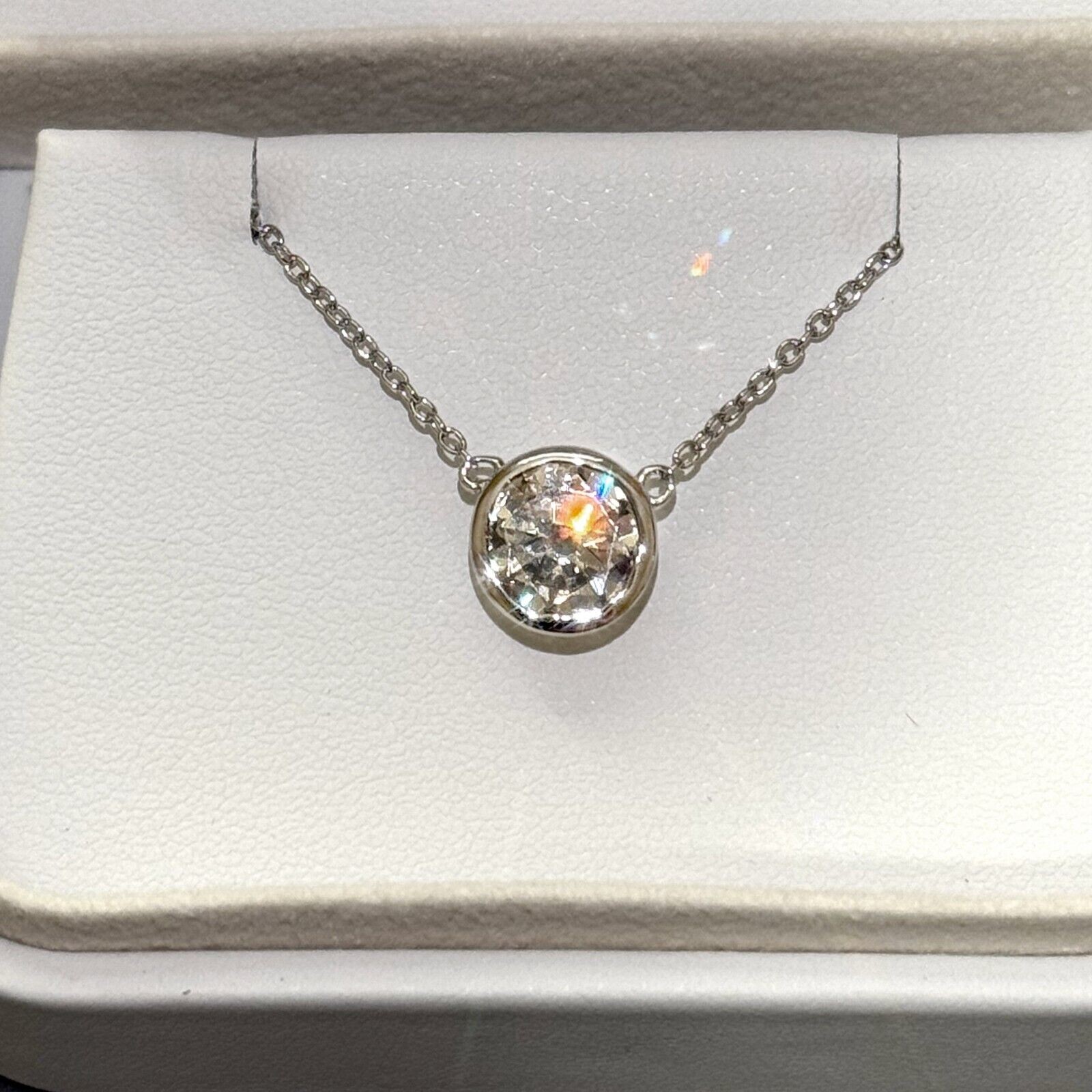 Bezel Set Moissanite Round Solitaire Necklace – 925 Silver or 14k Gold