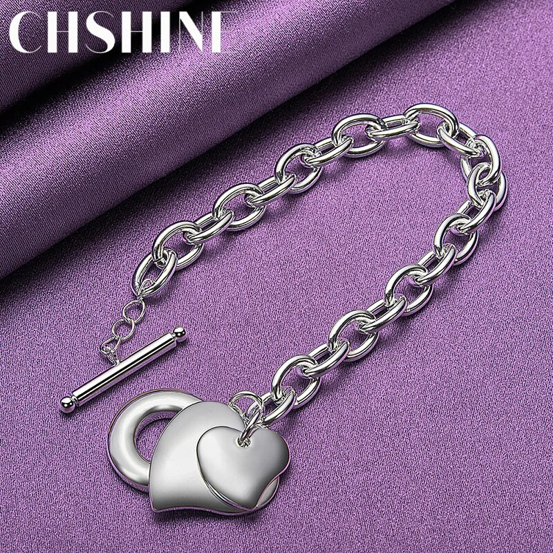 CHSHINE 925 Sterling Silver Double Heart Pendant Bracelet Fashion Charm Jewelry