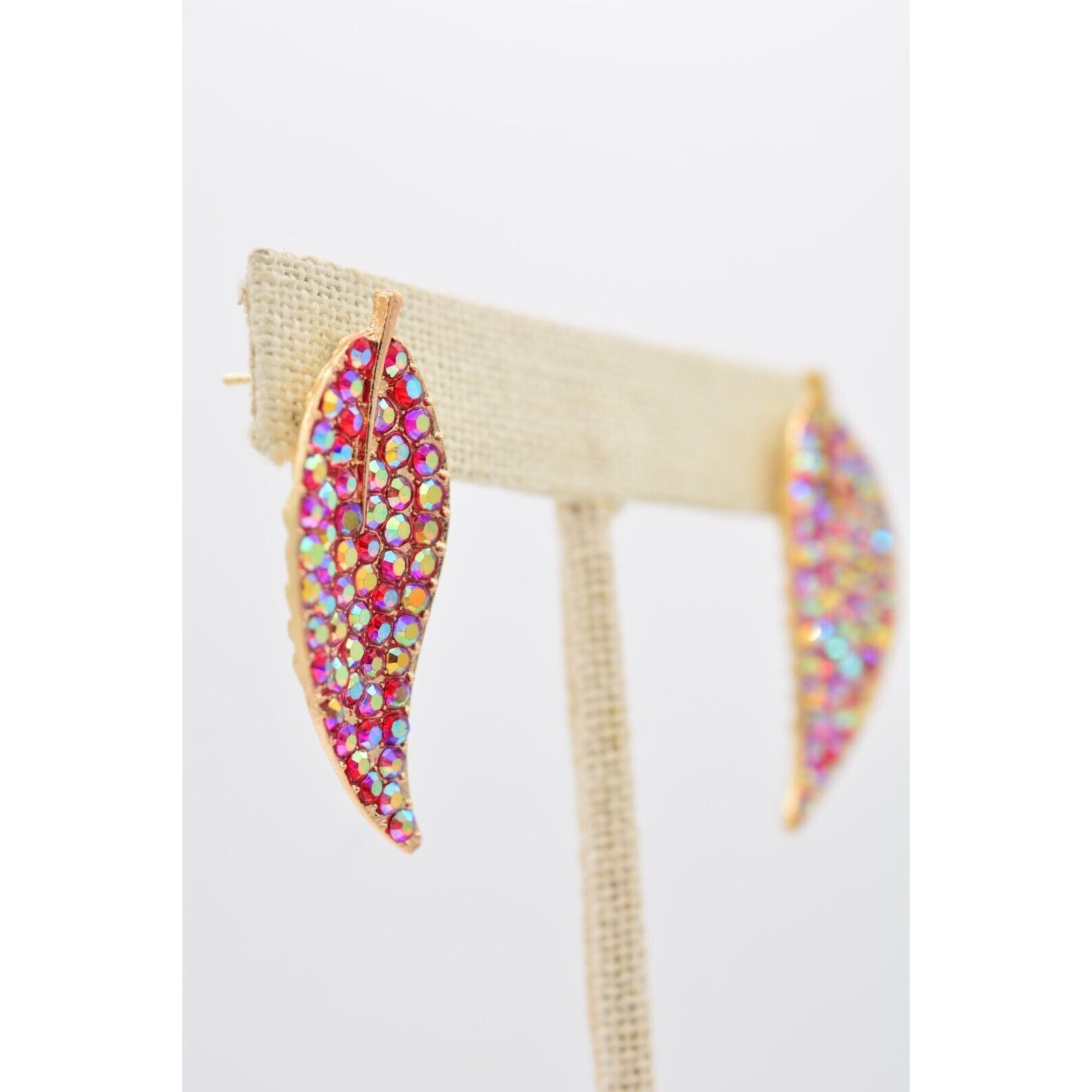 Crystal Leaf Earrings Red Rhinestone Aurora Borealis Gold Tone Sparkling BinAA